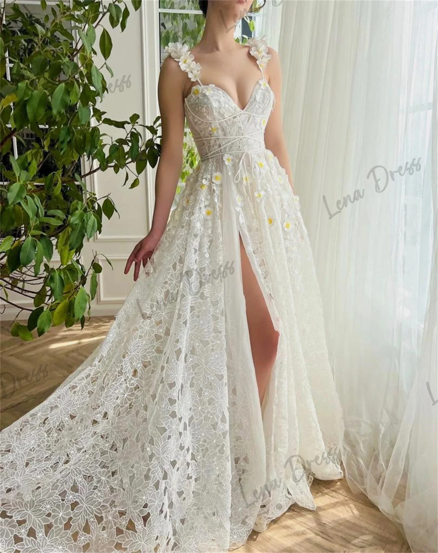 Handmade Flowers Evening Dresses for Special Occasions Lena Prom Dresses Sale Lace White Line A Simple and Elegant Formal Dress