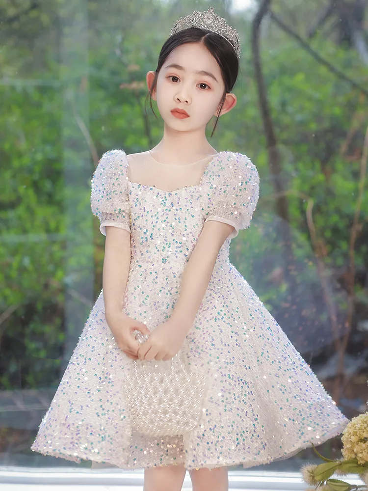 IYEAL Girls\' Sequins Dress Children\'s Princess Dress New Flower Girl Wedding Little Girl Host Piano Performance Dress
