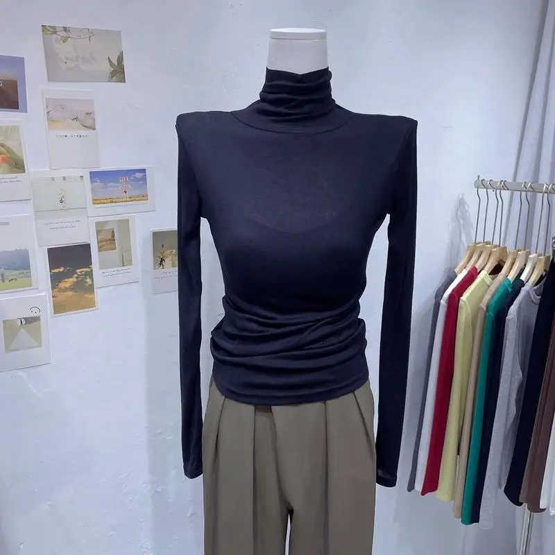 Autumn Winter Thin Long Sleeve High Collar Women's Base Layer T-Shirt Cotton Classic Pattern PU Fabric Regular Sleeve Length