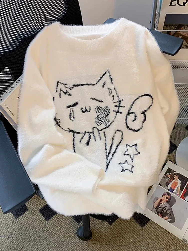 

Lazy Wind Cartoon Cute Sweater Women Loose Long Sleeve O Neck Kawaii Knitted Jumper Japan Preppy Style Vintage Female Tops
