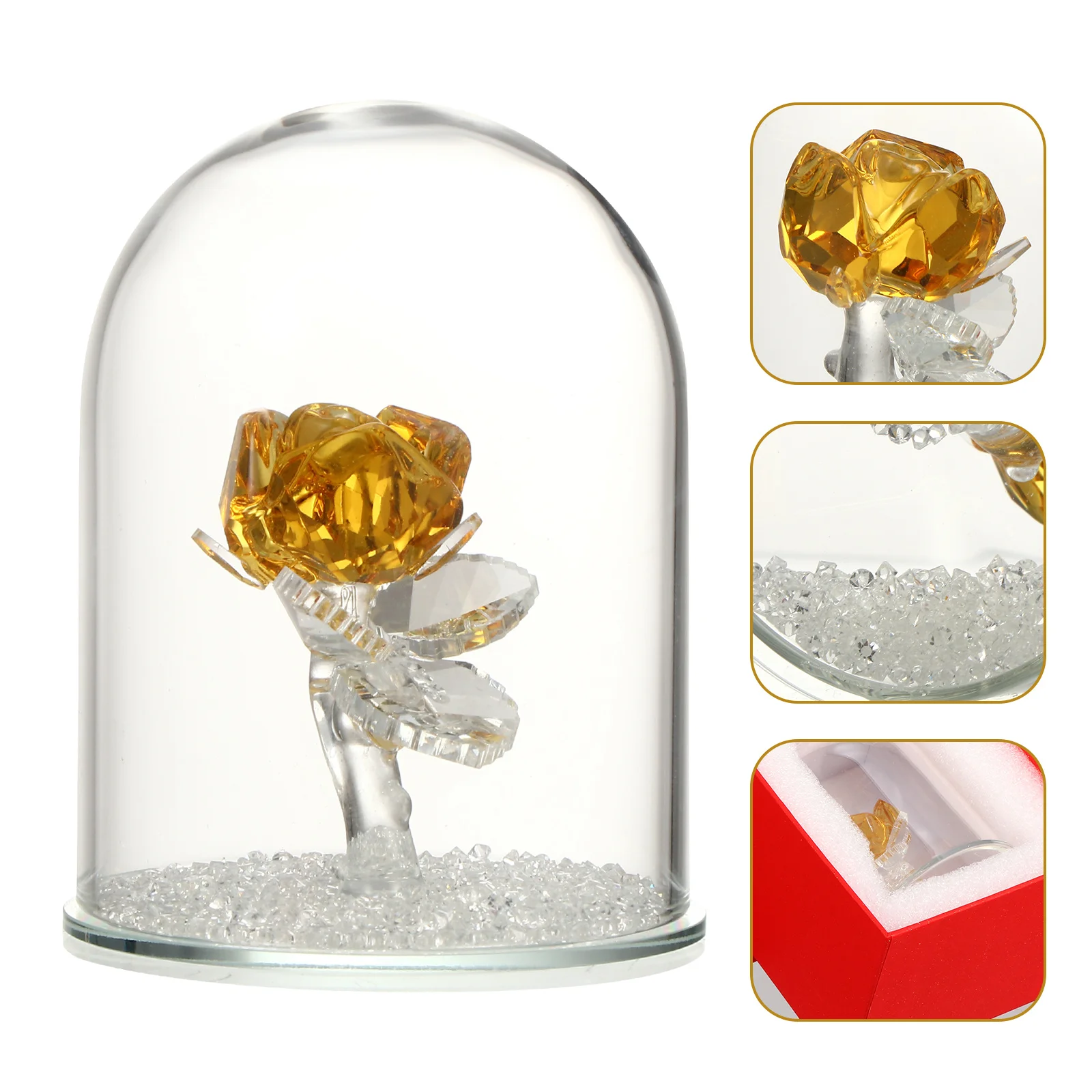 

Sealed Glass Dome Crystal Rose Flower with Spark Beads and Green Leaf Lasting for Anniversary Christmas Birthday