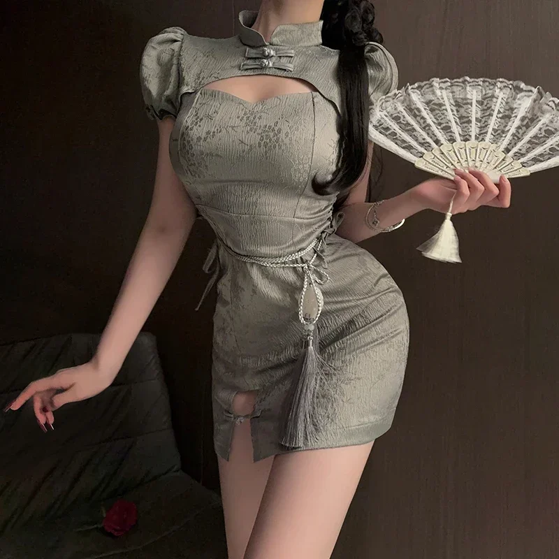 Chinese Dress Cheongsams Women Sexy Lingerie Temptation Clothing China Style Side Slit Hollow Qipao Uniform Nightclub Costumes