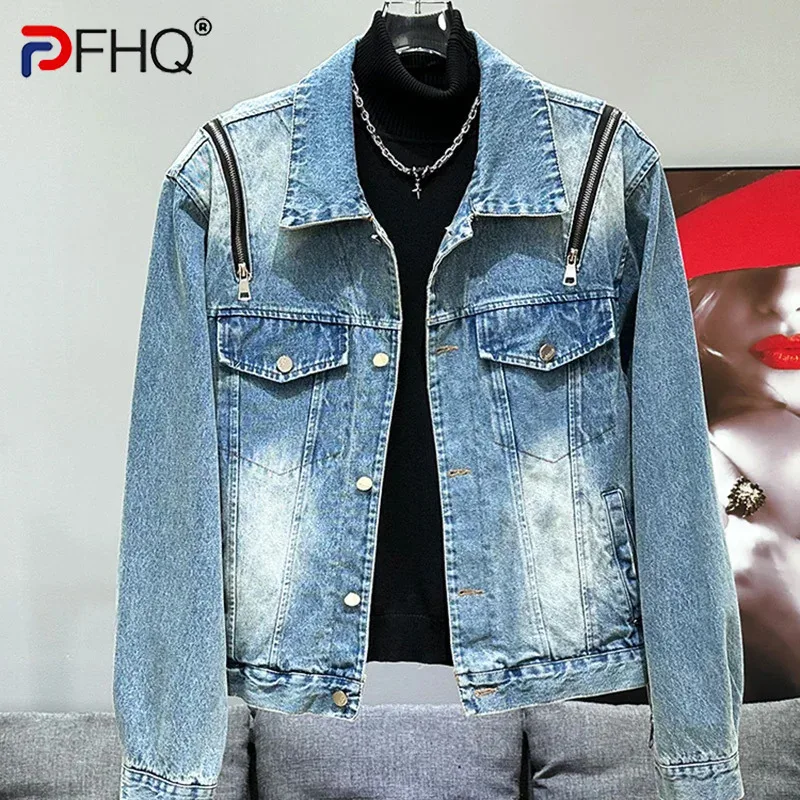 

PFHQ Men's Denim Jackets Handsome Youth Popular Versatile Lapel Design Summer Male Single Breasted Wearproof Coat New 21Z4480