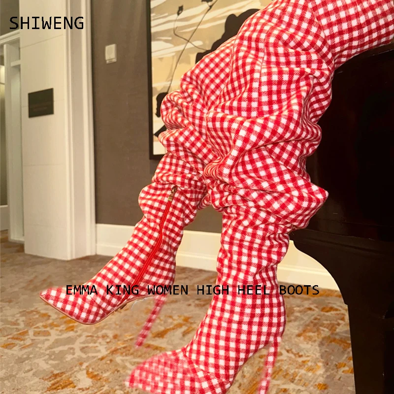 

2023 Sexy Pink Plaid Puntschoen Over The Knee Boots Stiletto Catwalk Stage Boots Fashion High Heel Pleate Boots 44