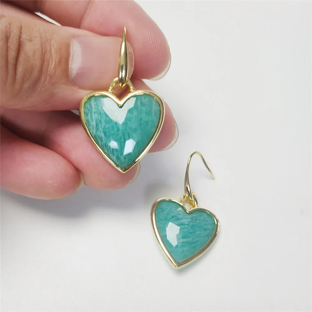 FUWO 1Pairs Natural Heart Shaped Amazonite Ear Hook Earrings, Simple And Fashionable Women's Jewelry ER475-2