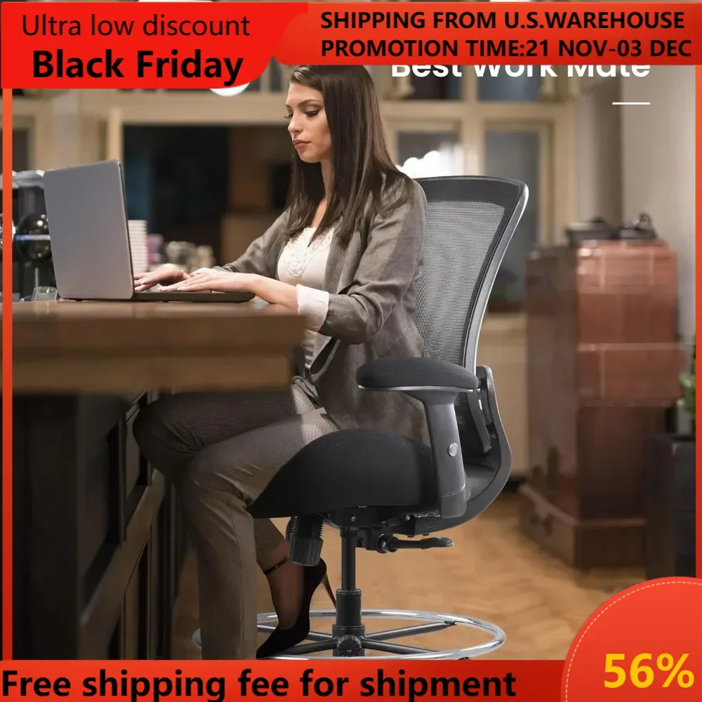 400lbs Mesh Ergonomic Drafting Chair,Tall Office Chair, Standing Desk Chair,Height Adjustable Armrest,Lumbar Support,Foot Ring