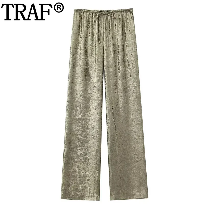 

TRAF 2024 Women's Trousers Foil Gold Trousers Womens High Waist Pants For Women Casual Baggy Pants Woman Fashion Tied Streetwear