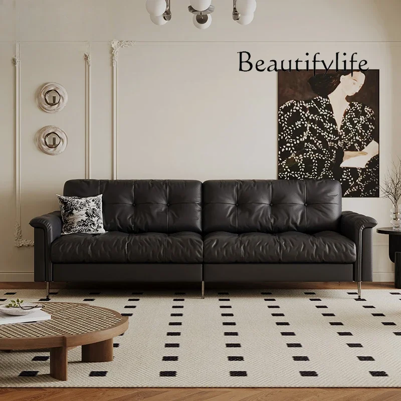 X36 Black Leather Sofa French Retro Designer Three-person Living Room Minimalist Straight Sofa