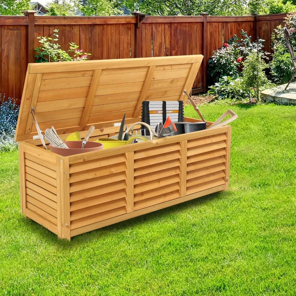 

47 Gallon Wood Deck Box, Outdoor Storage Box for Tools, Cushions, Patio Storage Bench Container for Backyard, Porch