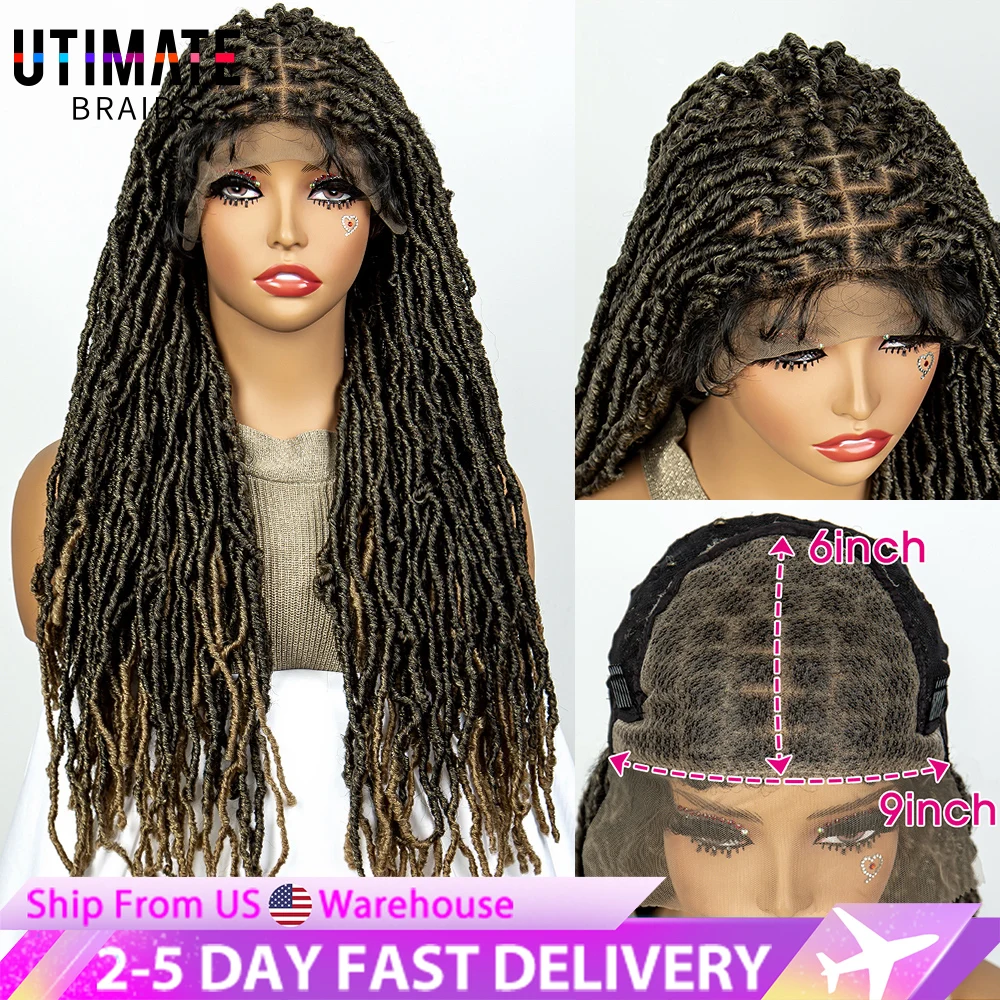 2 Inches Ombre Curly Faux Locs Crochet Hair Wigs Synthetic Lace Front Dreadlocks Hair Braided Wgs Lace Box Baids Wigs for Women