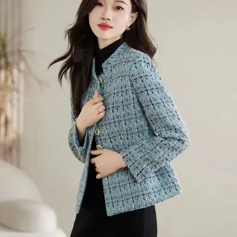 

2024 New Spring Autumn Vintage Pink Tweed Weave Jacket Coat Women Small Fragrance Jacket Korean Woollen Coats Elegant Outerwear