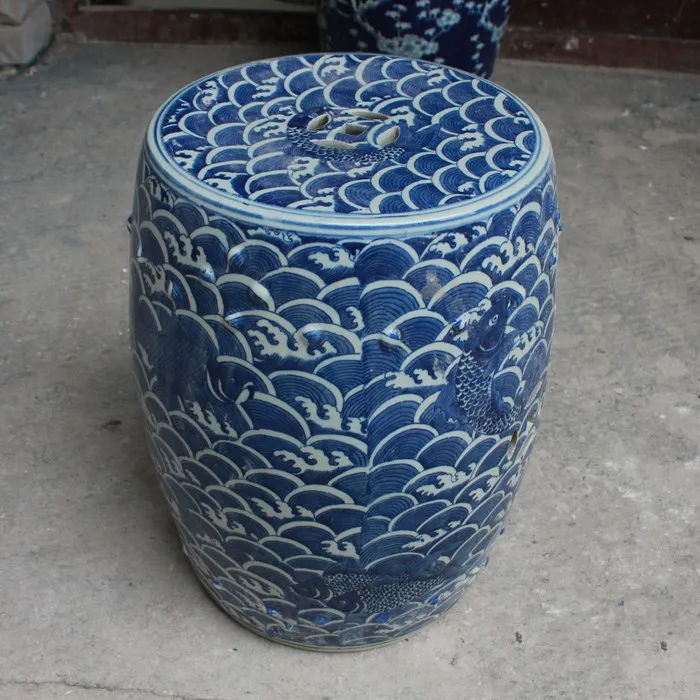 Hand-painted antique blue and white sea fish Circular stool outdoor bathroom balcony stool