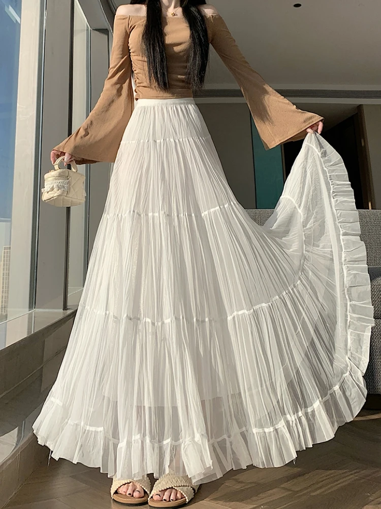 

Spring Summer Wrinkled Pleated Skirt Women Chiffon Skirt Korean Casual High Waisted A-Line Ruffle Long Skirts Midi falda plisada