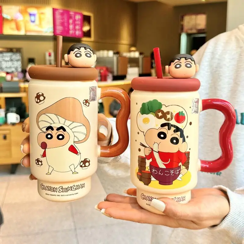 Tasse à eau en céramique Crayon Shin Chan, motif dessin animé mignon, grande capacité, en porcelaine renforcée, avec couvercle et paille, pour la maison