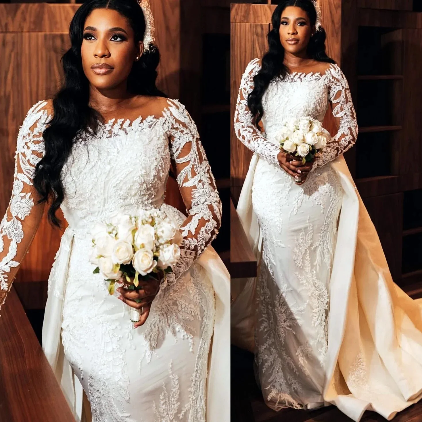 Customized Arabic Plus Size White Lace Mermaid Wedding Dress Beaded Detachable Satin Train Bridal Gowns Dresses