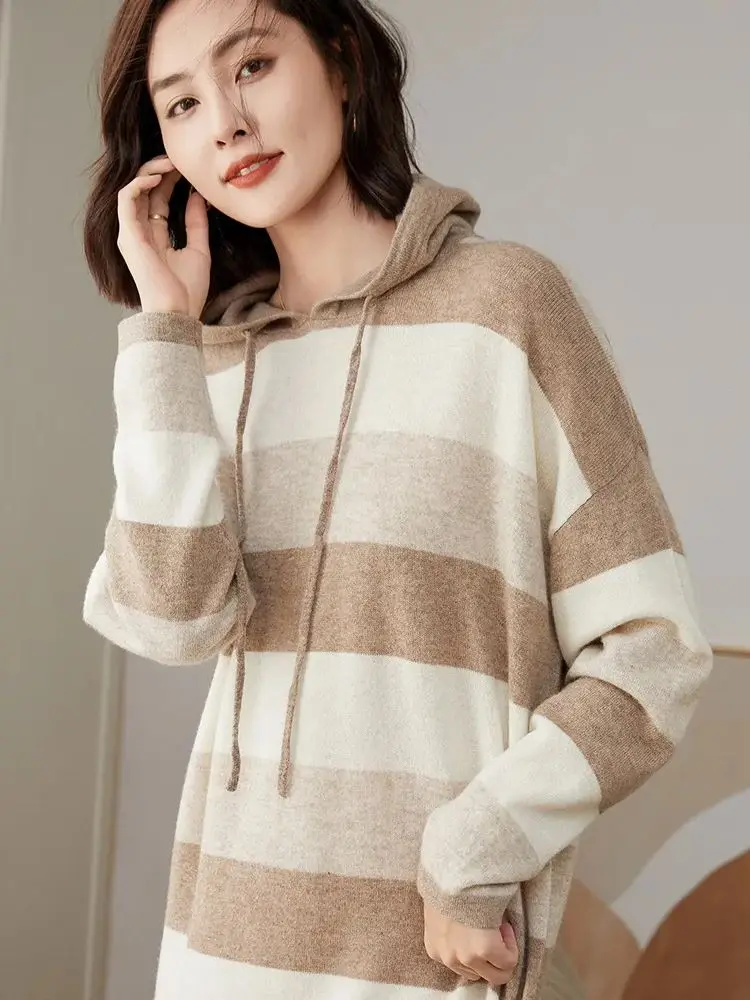 Autumn Winter Long Sleeve Midi Dress For Women 100% Merino Wool Soft Casual Hoodie Cashmere Knitted Sweater Dresses Ladies Tops