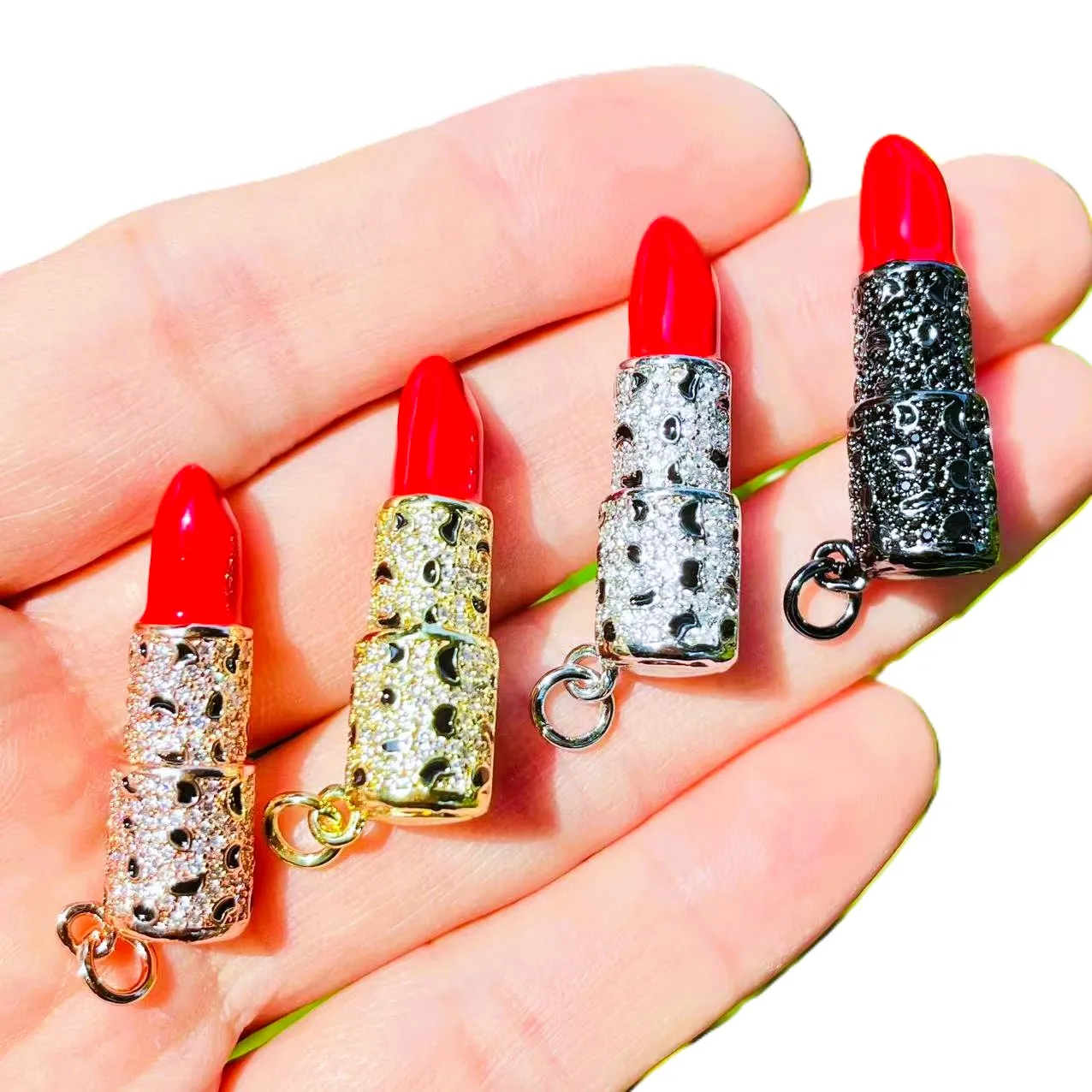 4Pcs Zircon Pave Copper Leopard Print 3D Lipstick Charms - Red Enamel Jewelry Pendants Design DIY Gift for Women Handcrafting