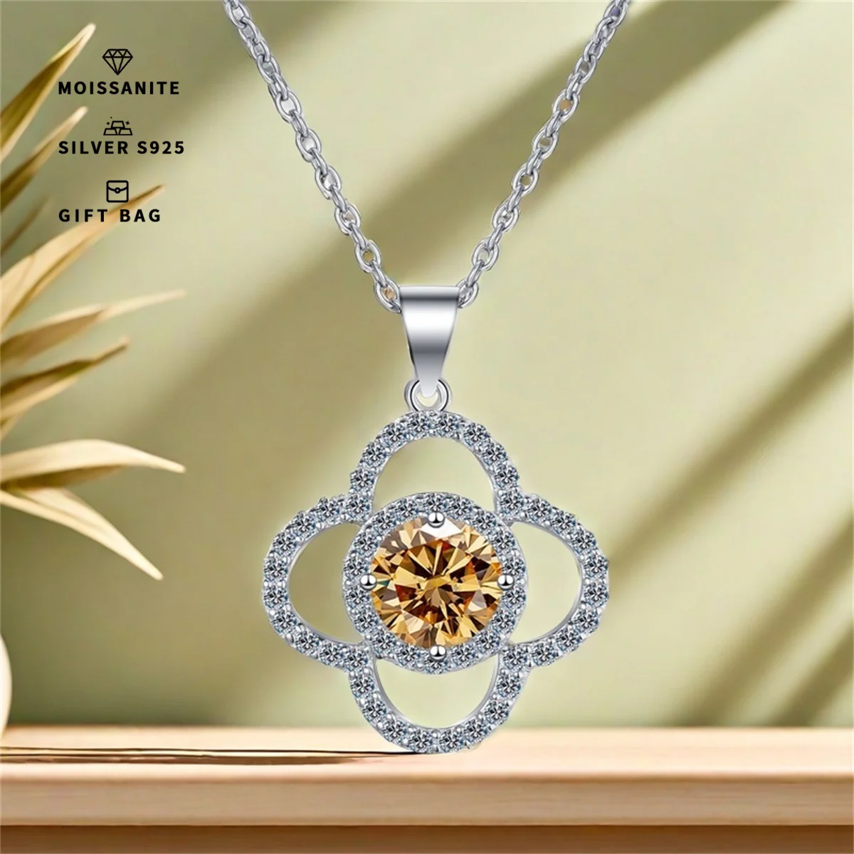 S925 silver Platinum plating inlaid with Champagne GRA Moissanite Four-Leaf Clover round pendant,clavicle chain necklace women