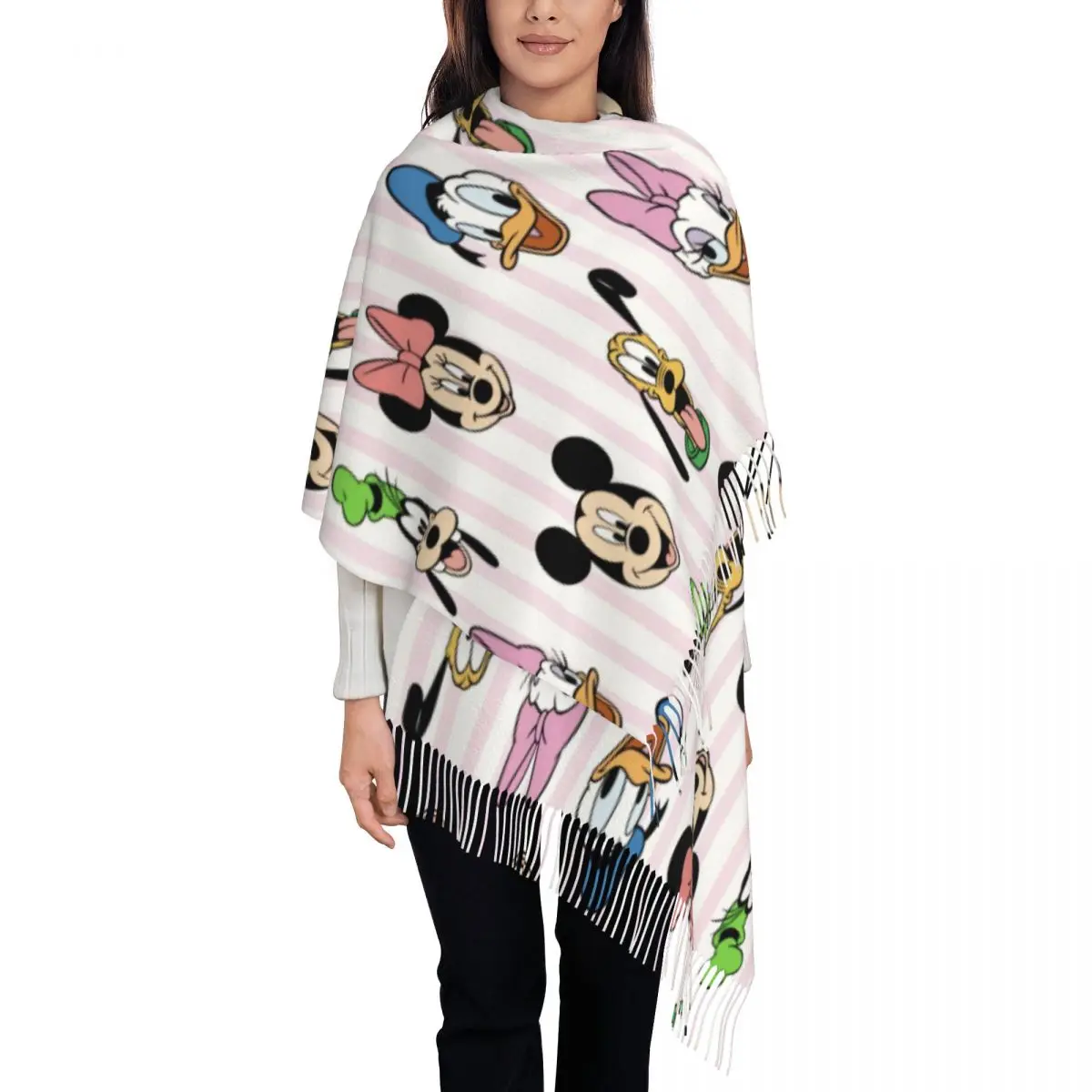 

Модный шарф с кисточками в стиле аниме «Микки Маус» на заказ, женские зимне-осенние теплые шали, женские шарфы