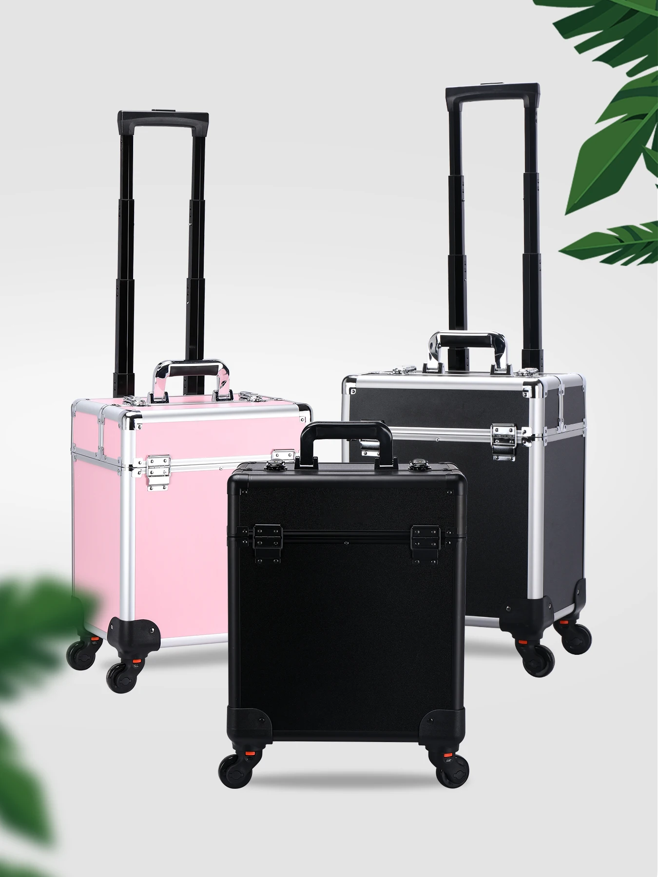 Aluminum Rolling Makeup Case Lockable Cosmetic Salon Organizer Trolley Case With Trays