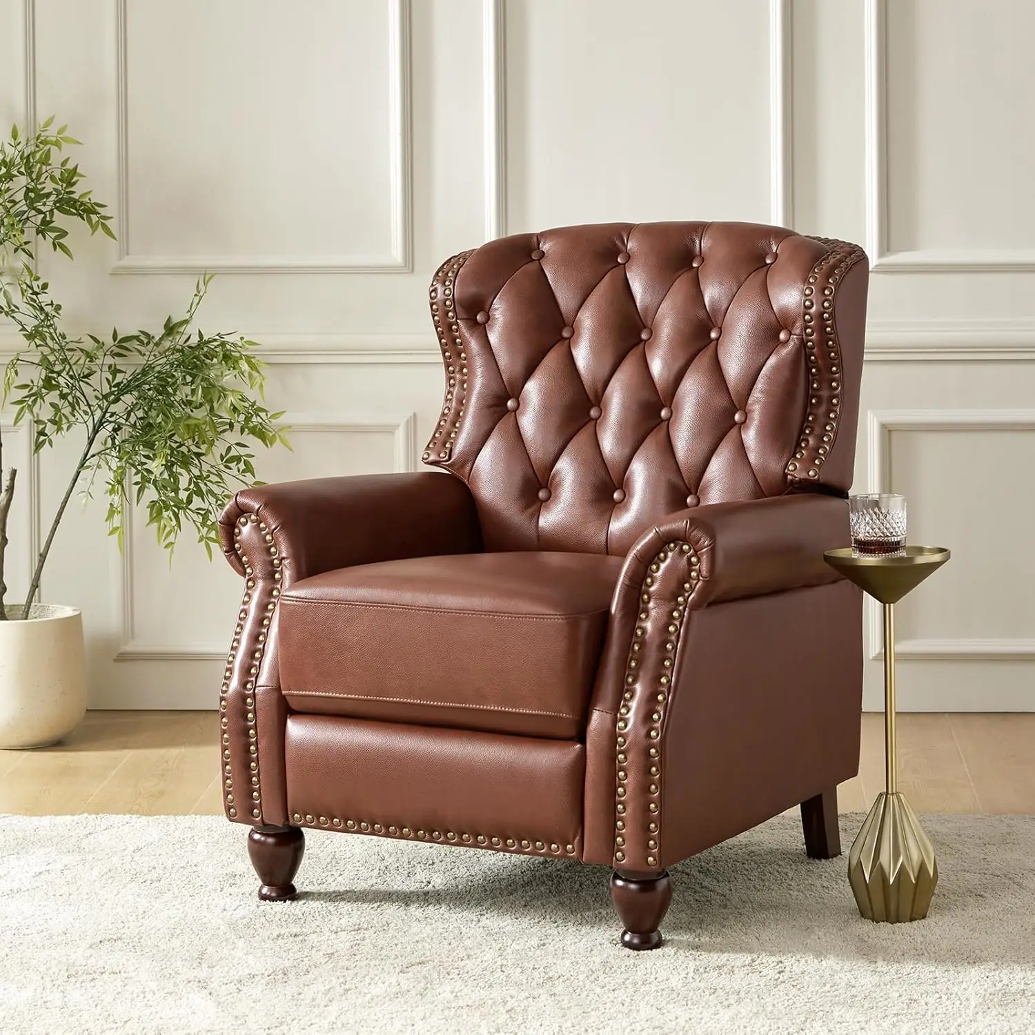 Genuine Leather Recliner Chair with Solid Wood Feet Modern Adjustable Tufted Push Back Arm Chair for Living Room Brown