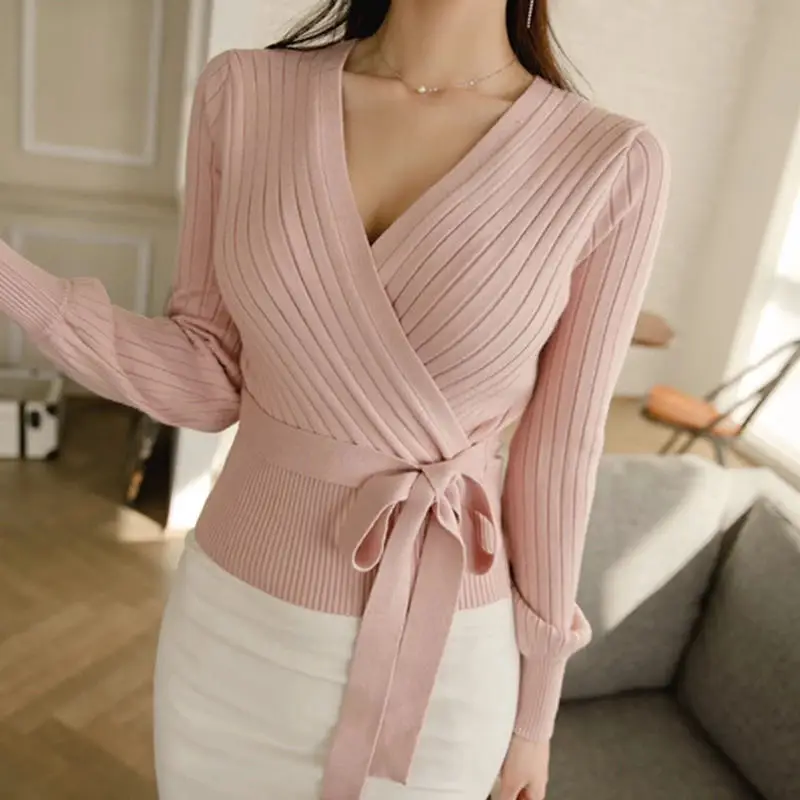 Korean Fashion Short Knitted Top Women Elegant Spring Autumn V-Neck Lantern Sleeve Lace-Up Slim Pink Sweater Lady Sexy Knitwear