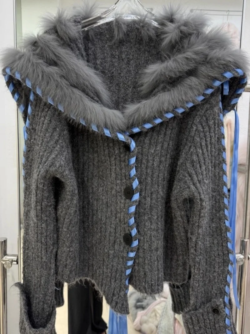 

Осень/зима 2022, темно-синий свитер с круглым вырезом, утепленный женский короткий лоскутный кардиган из меха норки, расклешенная шаль, куртка W1158