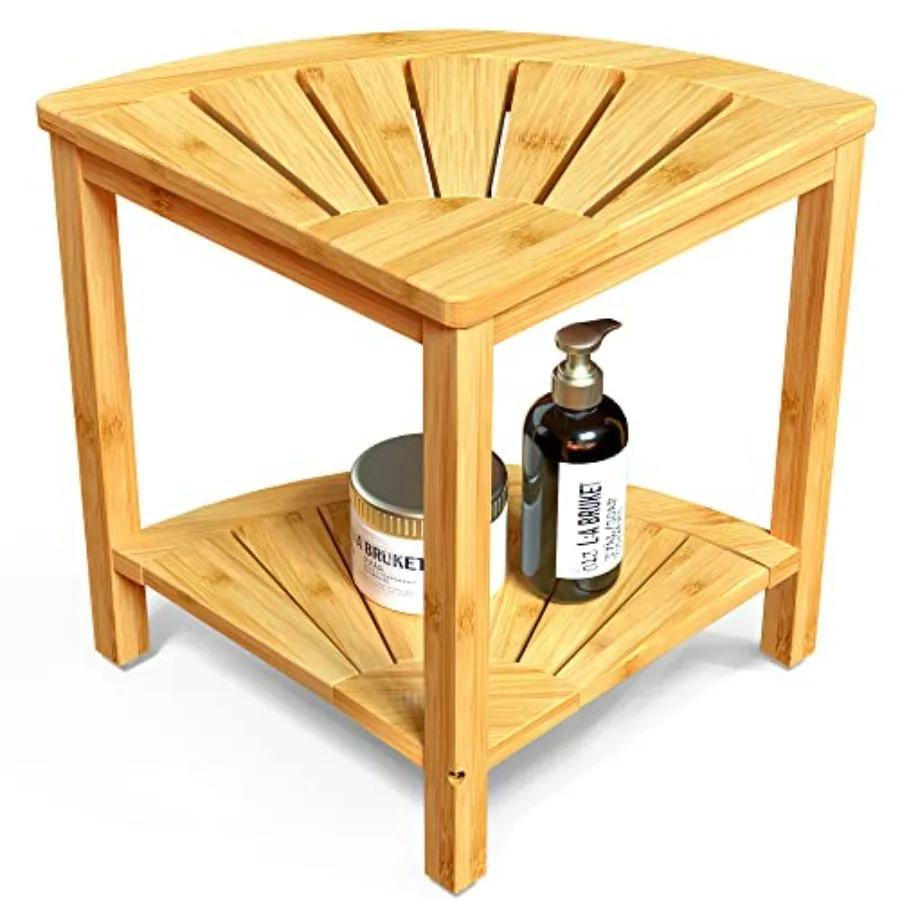 

Bamboo Corner Shower Stool Bench Waterproof with Storage Shelf for Shaving Legs or Seat in Bathroom Inside Shower