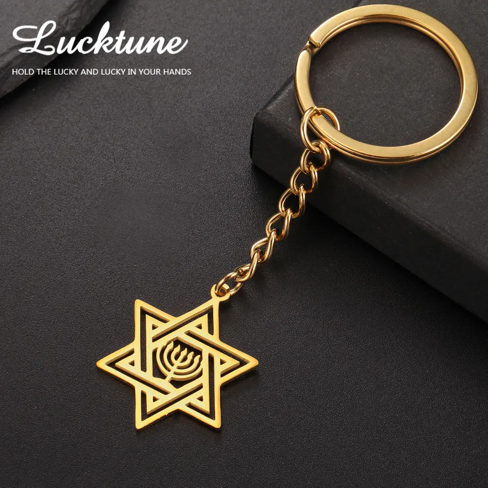 Lucktune Star Of David Hanukkah Menorah Keychain Stainless Steel Hexagram Candlestic Jewish Keyring Women Amulets Jewelry Gifts