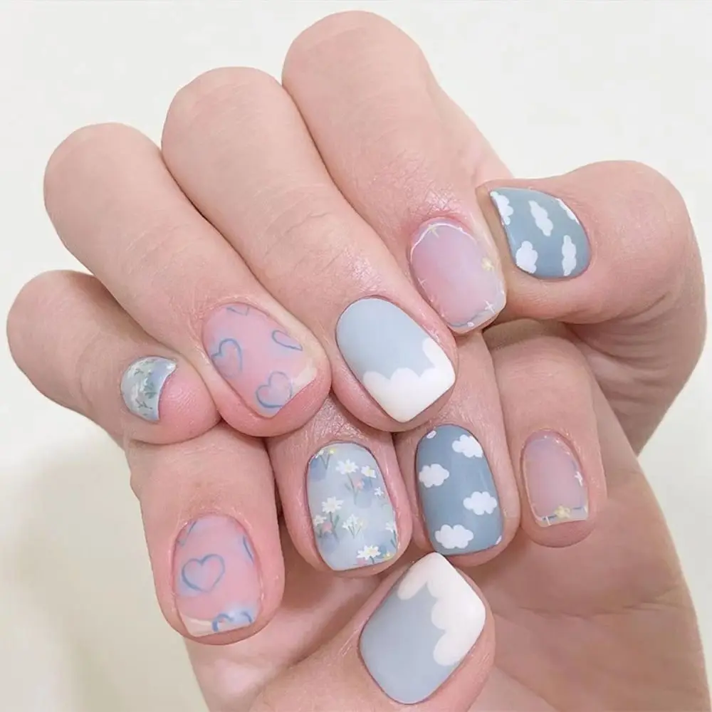 24pcs Detachable Nail Tips Press on Nails Gold Edge Fake Nials French Short Square Blue Pink Clouds False Nails
