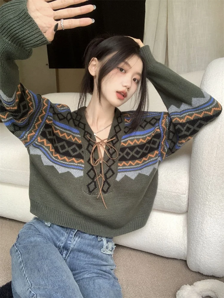 Vintage Sweaters Women Lace-up Elegant Cozy V-neck Trendy Ladies BF Style Pullovers Ulzzang Knitwear Classic High Street Autumn