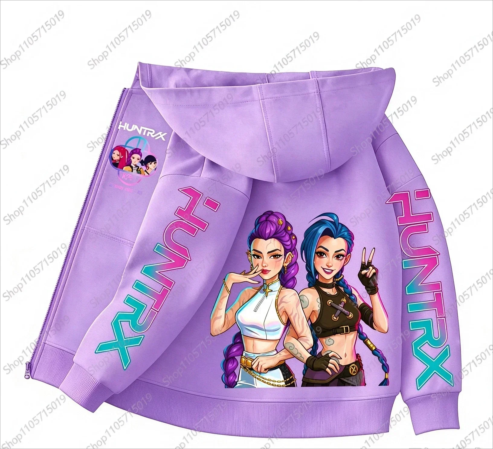 Children Anime Girl Graphic Zip Hoodie, Light Purple Full-Zip Hooded Jacket, Cartoon Print Long Sleeve Casual Coat for Kids