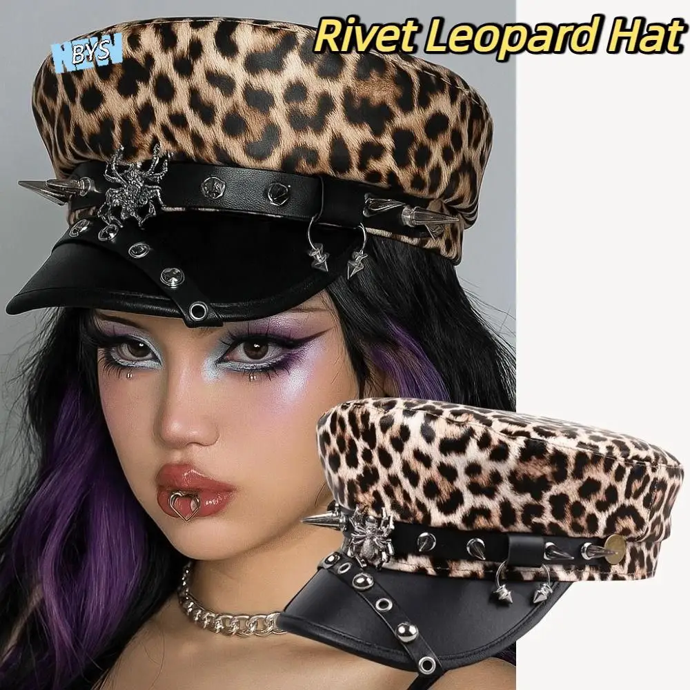 

Fashion Hip-hop Rivet Leopard Hat Harajuku Gothic Y2k Beret Hat Black Flat Top Cap for Girls