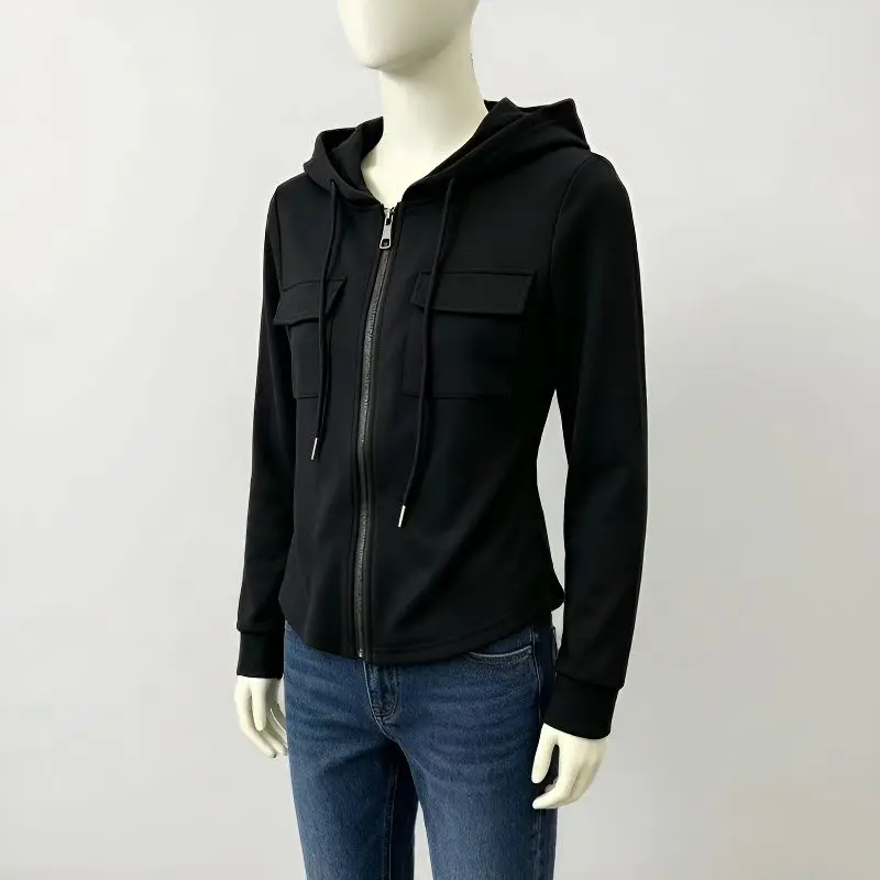 Green Zip Up Hooded Sweatshirt Women Spring Autumn Slim Fit Casual Daily Long Sleeve Outerwear Top