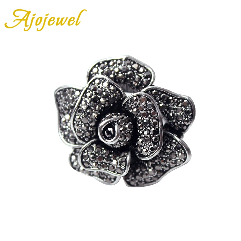 

Ajojewel Big Luxury Vintage Ring Full Rhinestone Black Rose Flower Finger Jewelry For Elegant Women