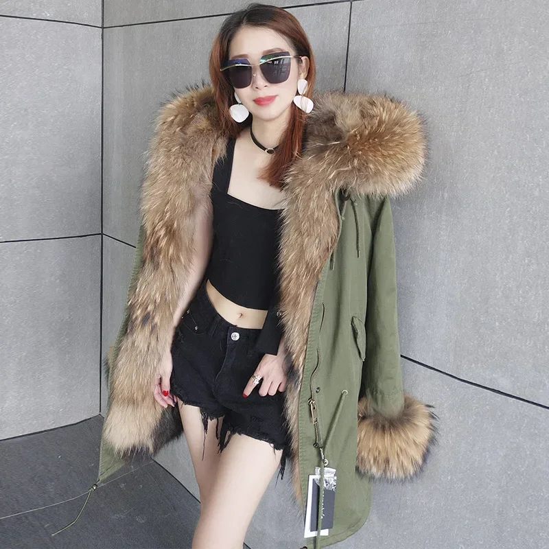 New style Thick Warm Loose Detachable natural raccoon fur Liner coat large raccoon fur collar women jacket