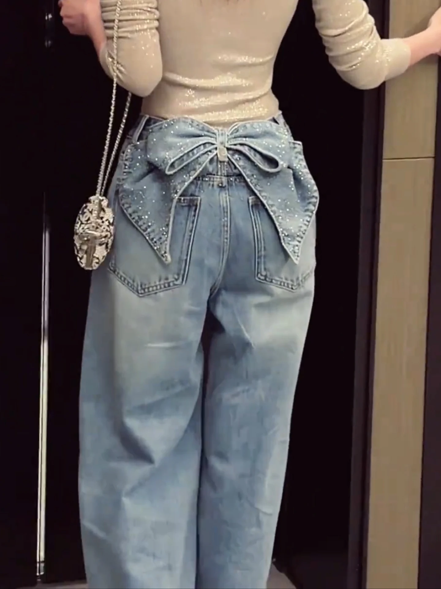 

Shiny Detachable Rhinestone Knot High Waist Straight Leg Jeans Women's Fashion Luxury Sensation Heavy Work Denim Pants