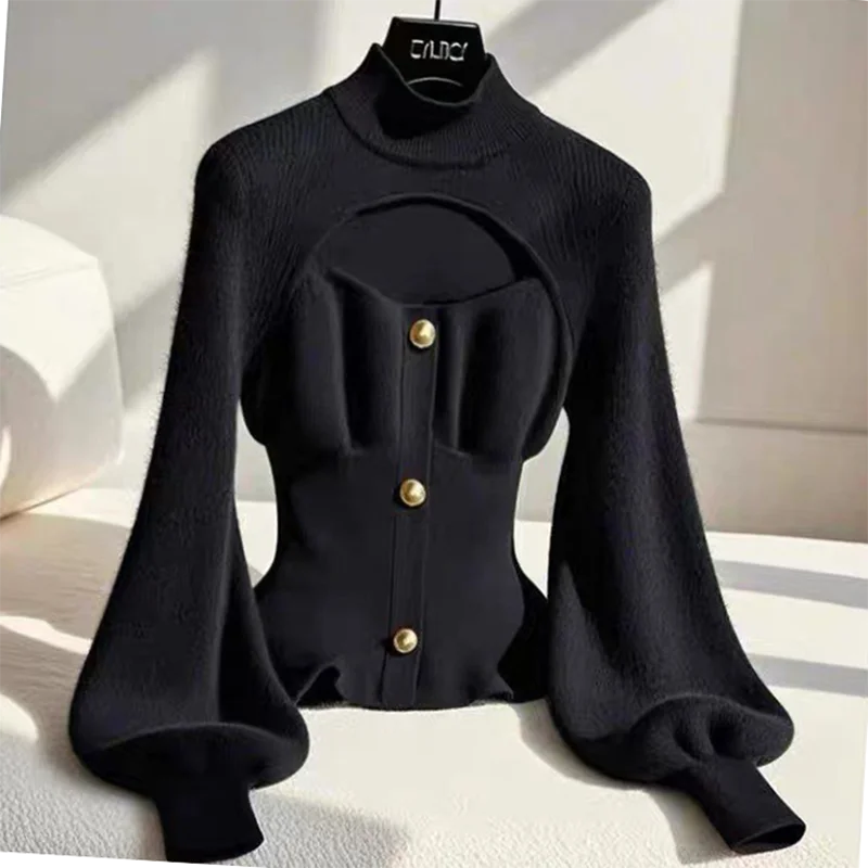 2025 Autumn Winter New Black High-Neck Wool Knitwear Slimming Waist Design Fashionable Top for Women