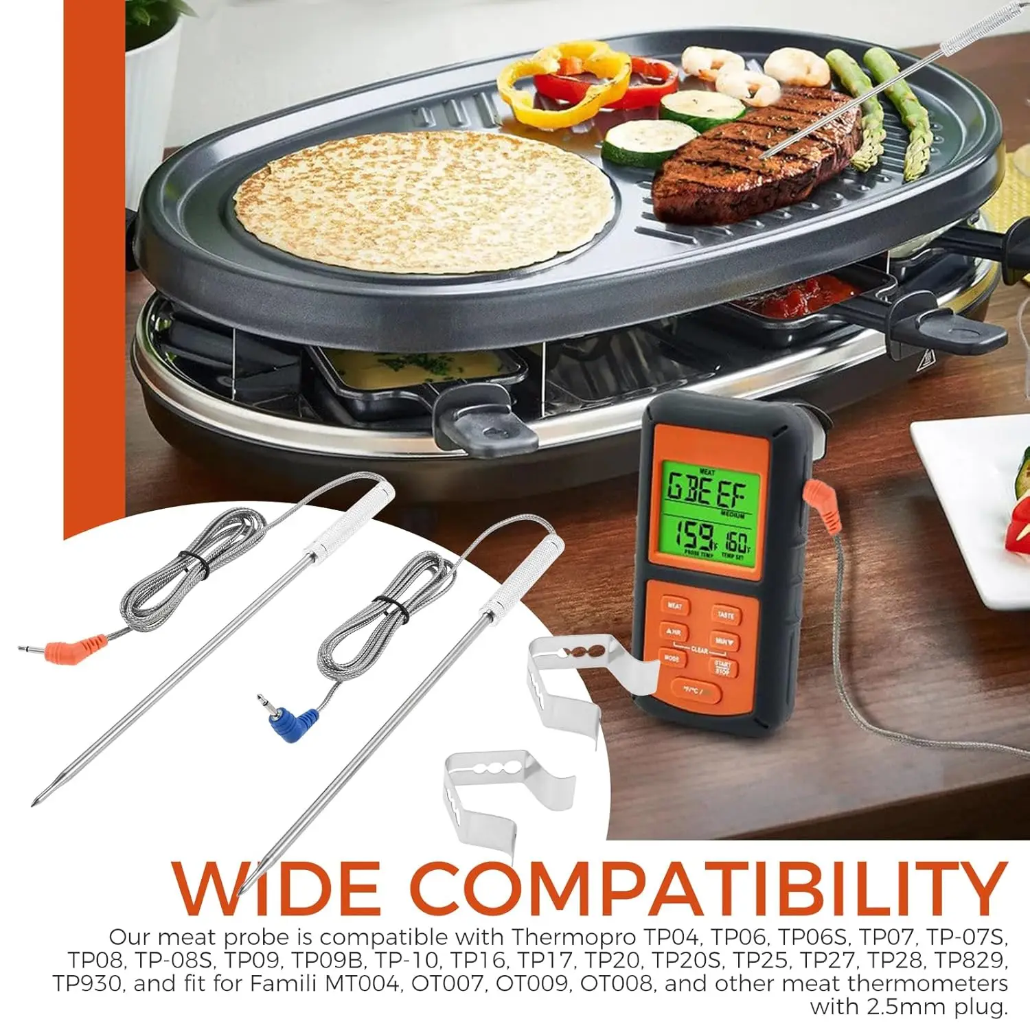 2 حزمة من مجسات ميزان حرارة اللحوم و2 مشبك مسبار لـ Thermopro TP-04/06/07/08/08S/09/10/16/17/20/20S/25/27/28/829/930 2.5 مم