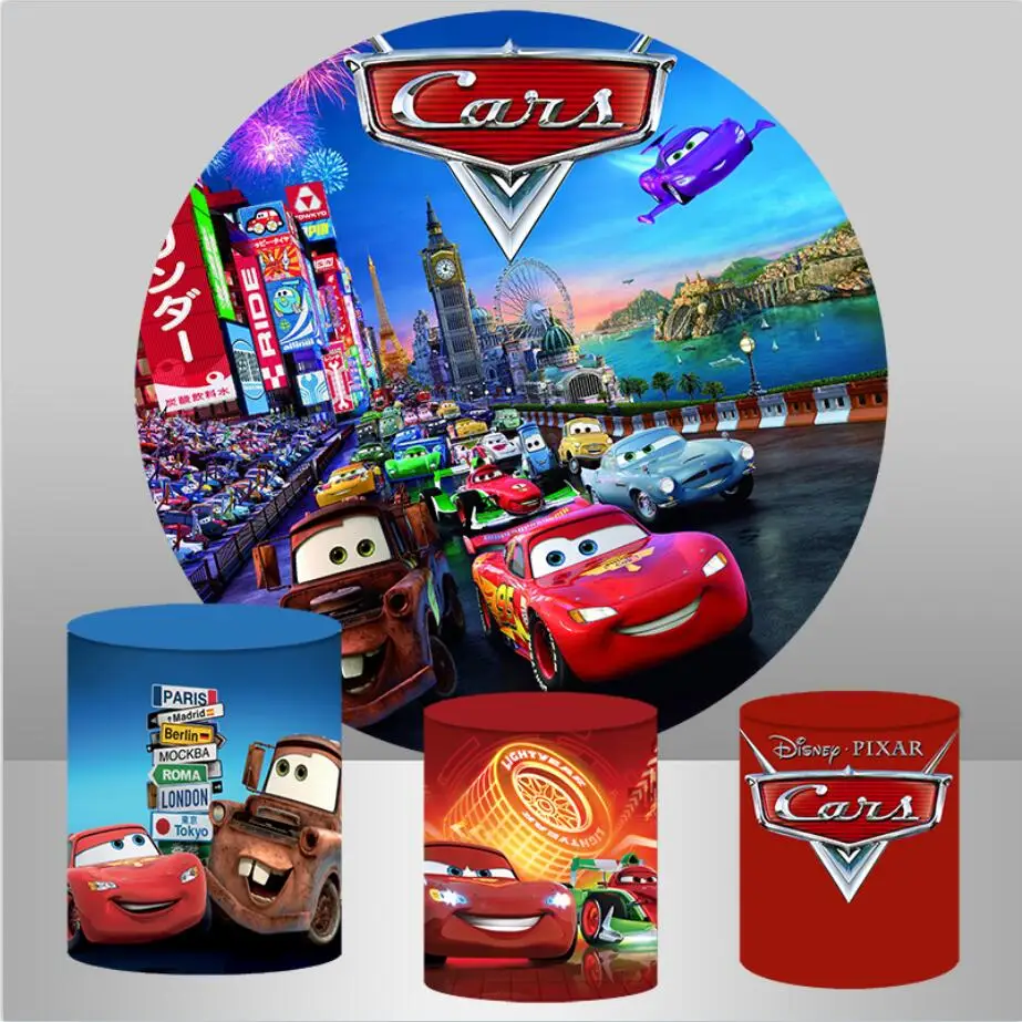 

Disney Movie Cars Theme Round Backdrop Covers Cartoon Boys Baby Shower Birthday Party Circle Background Table Cover Customized