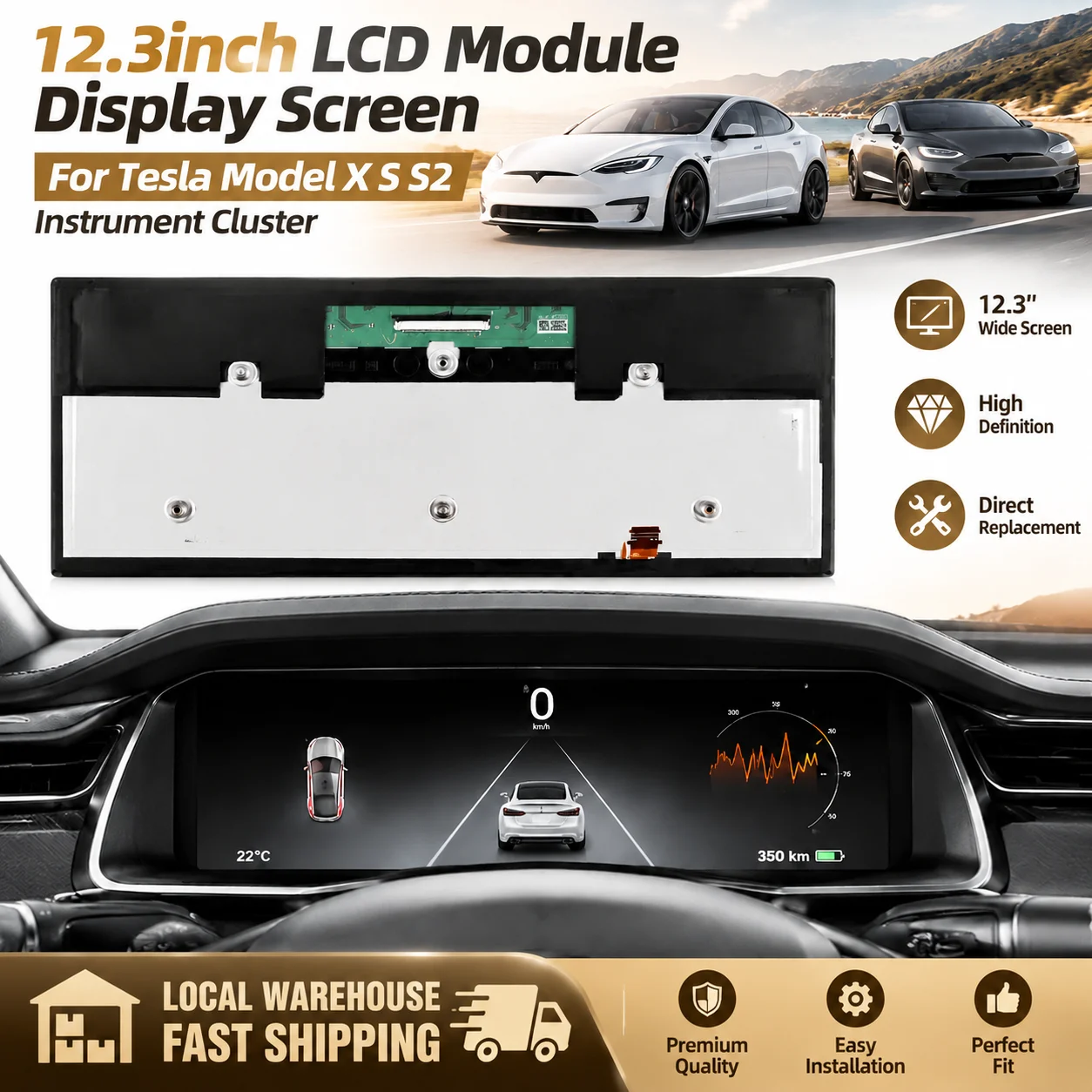 12.3 Inch 1920x720P LG LCD Module Screen LA123WF1(SL)(01) for Tesla Model X Model S S2 GEN2 Digital Instrument Panel Repair Replacement Display 2012 2013 2014 2015 2016 2017 2018