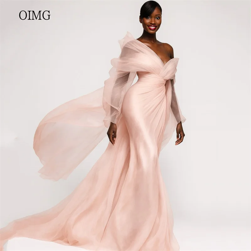 

OIMG Flowy Off The Shoulder Mermaid Prom Gowns Backless Long Sleeves Formal Party Gown Floor Length Evening Dress Customized