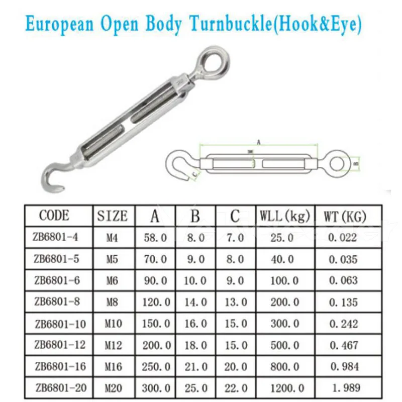 Stainless Steel 304 Adjust Chain Rigging Hooks & Eye Turnbuckle Wire Rope Tension Device Line Oc Type M4 M5 M6 M8 M10 M12 M16