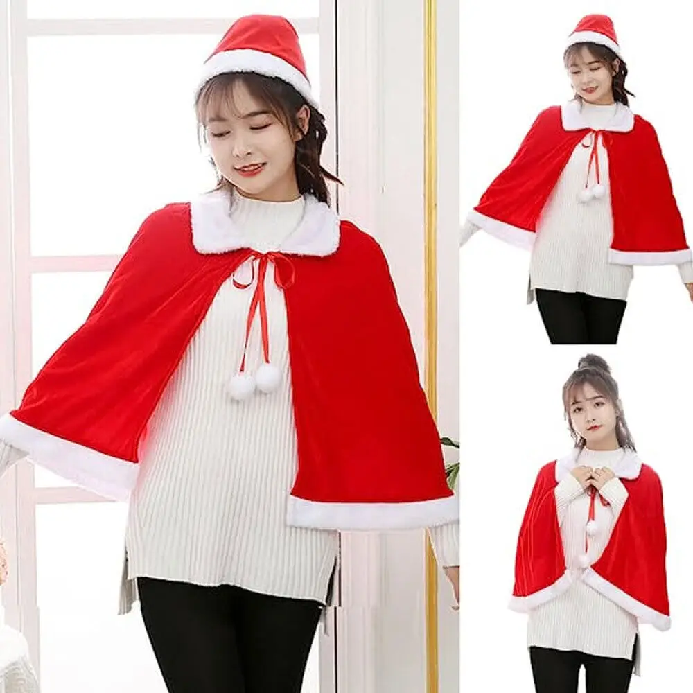 2024 musim dingin jubah jubah beludru merah selendang natal wanita perempuan kostum pesta dekorasi gaun kostum Santa Claus Fashion