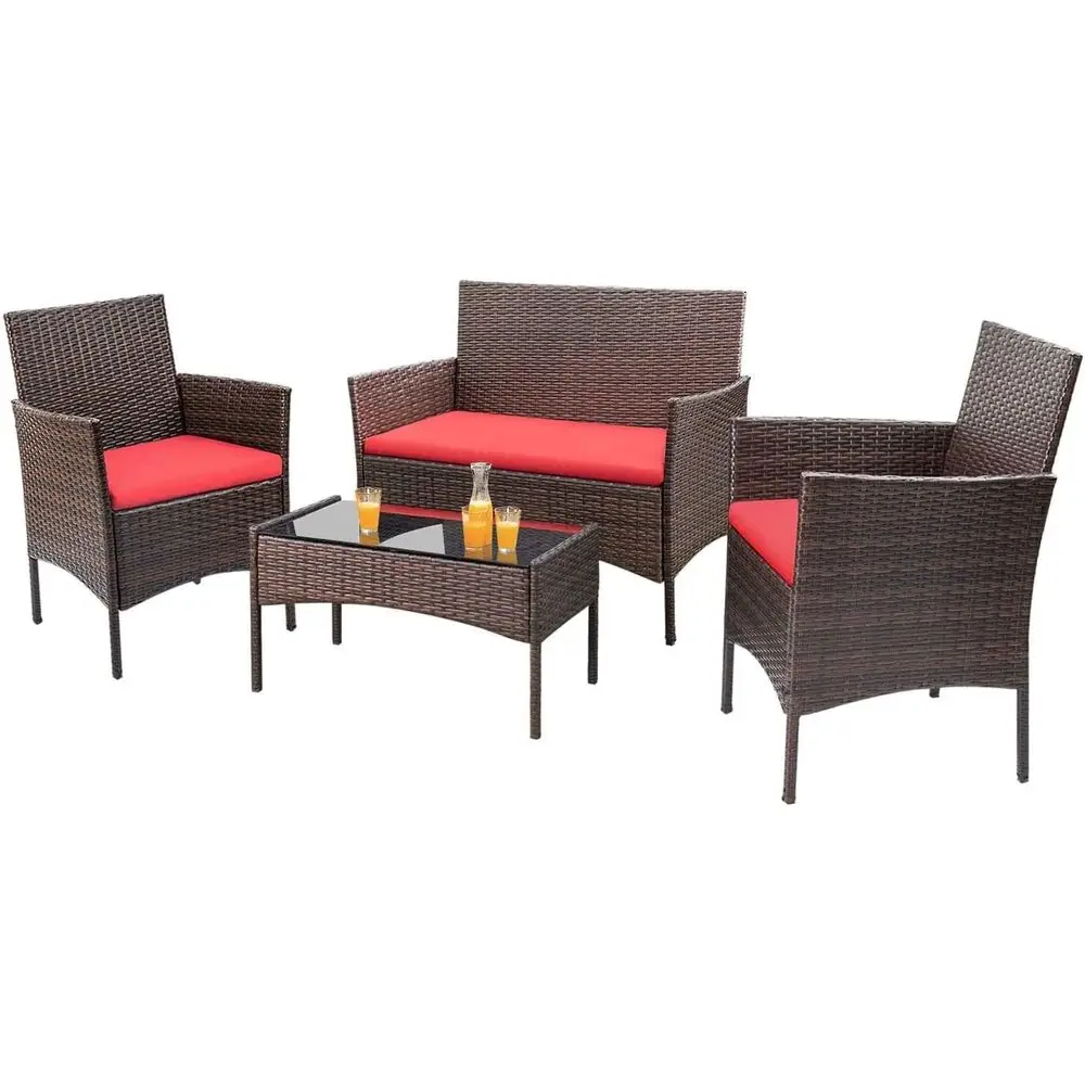 4 Pieces Patio Rattan Chair Wicker, Outdoor Indoor Use Backyard Porch Garden Poolside Balcony urniture Sets (Red)