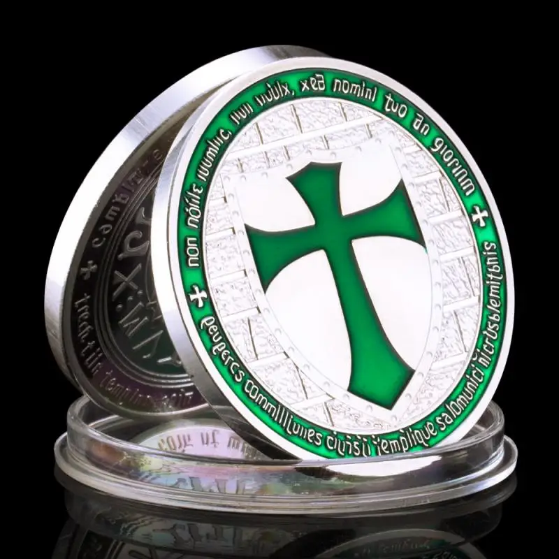 

Commemorative Coin Knight Templar Badge Green Silver Plated Coins Collectible Souvenir Gift Knight