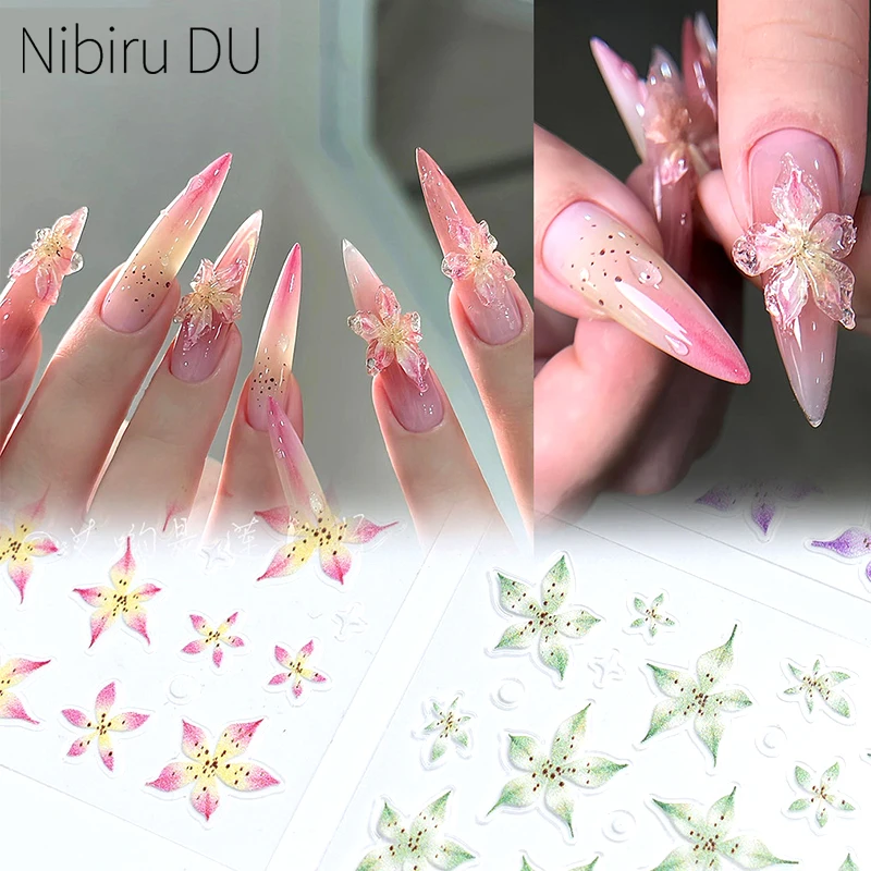 

Nail Sticker Decoration 5D Embossed Lily Ice Flower Stickers Self Adhesive Engraved Floral Decals Pink Rose Nail Art DIY Manicur