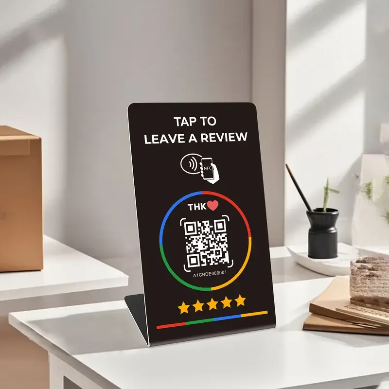 Tarjeta de revisión de Google con código QR programable de 13,56 Mhz, mesa de estación NFC, visualización de reseñas de Google, soporte de pie para tarjeta doblada