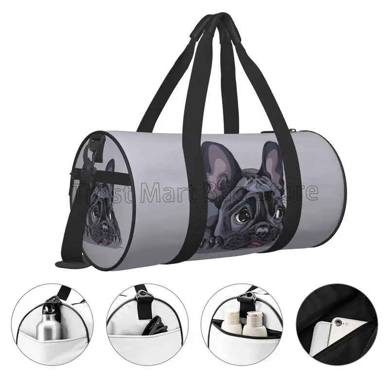 Cartoon French Bulldog Travel Duffel Bag, impermeável, sacola esportiva, Gym Bag, Weekender Overnight Bags, dobrável Carry on sacos de bagagem