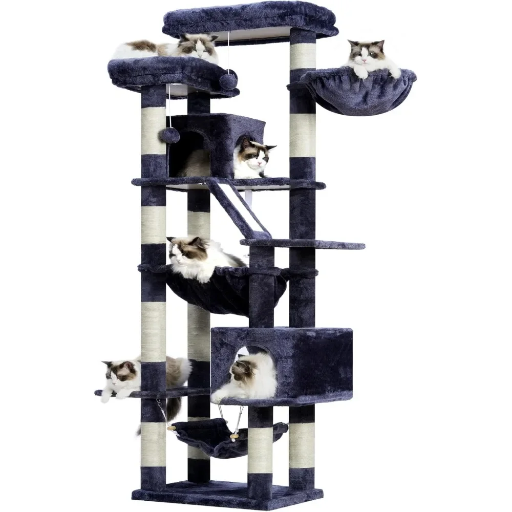 

Heybly Cat Tree, 71-дюймовая высокая башня для домашних кошек с 2 жерновами, 2 большими кондиционерами, 2 гамака, корзиной, когтеточкой, большой кошачий фу